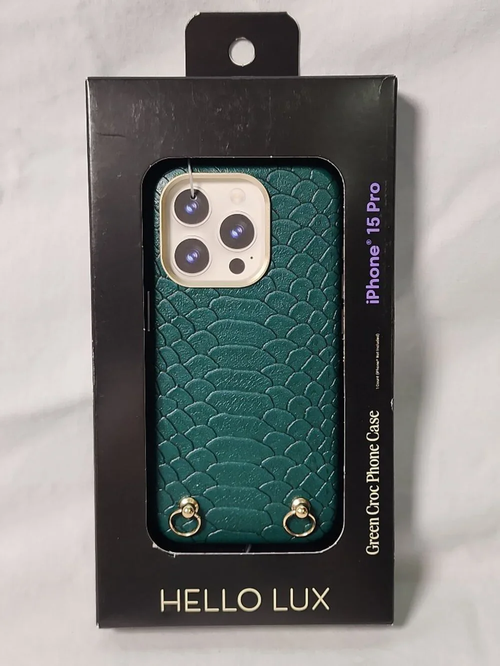 Hello Lux iPhone 15 Pro Green Croc Phone Case Metallic Gold Accents NIB